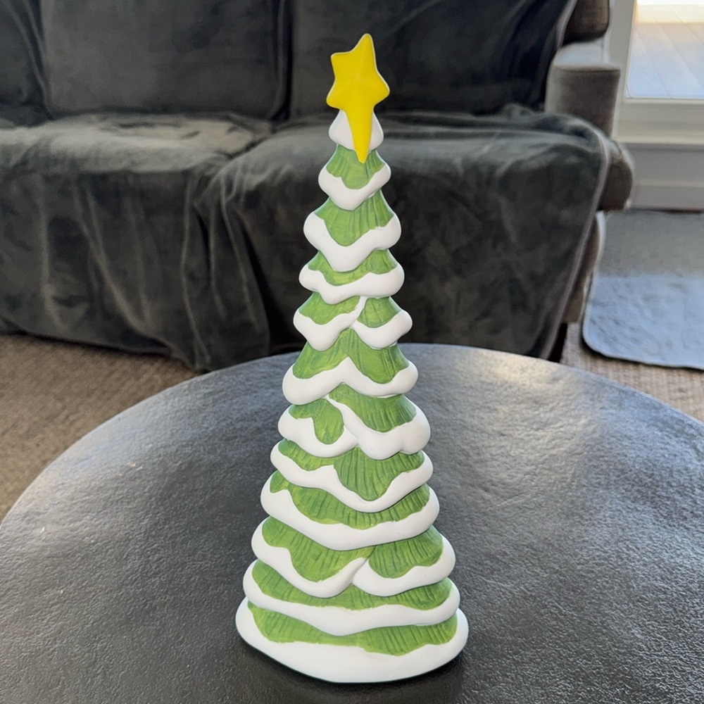 Vintage Dept 56 Village Ceramic Christmas Tree 14" Yellow Star Snow